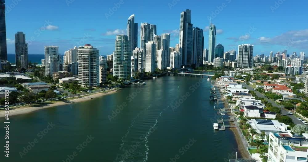 Flying above the main canal behind Surfers Paradise, Stunning bright day, Gold Coast high rises. Australia Flying above the main canal behind Surfers Paradise, Stunning bright day, Gold Coast high rises. Australia
