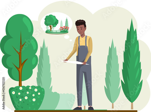 Gardening landscape designer man in worker s overalls, standing with plan in hands cartoon character. Creative professional floral architecture planning lawn flowerbed exterior, landscaping project