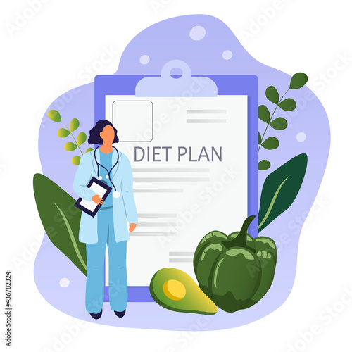 vector hand drawn illustration on the theme of diet, proper nutrition. doctor, diet plan, healthy vegetables. trend illustration in flat style 