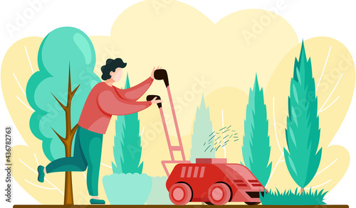 Gardener working on backyard and mowing lawn with electric mower. Male handyman cutting grass in garden. Colored flat cartoon vector illustration of professional worker takes care of beauty of garden