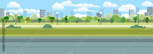 Park area against the background of the city. Trees, Lawn and lanterns. Beautiful summer cityscape. A place to relax, walk and date. Beautiful picture. Vector