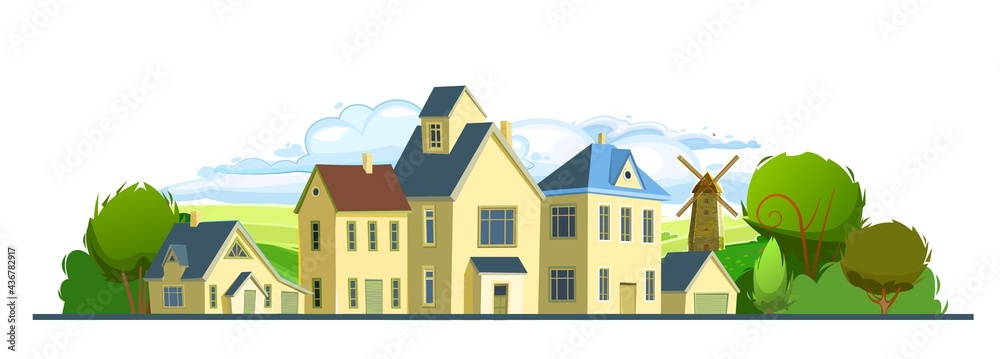Village. Street with houses. Cartoon cheerful flat style. Village. Small cozy suburban cottages with trees. Gable roofs. Mill. Isolated background. Vector