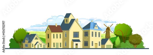 Village. Street with houses. Cartoon cheerful flat style. Village. Small cozy suburban cottages with trees. Gable roofs. Mill. Isolated background. Vector