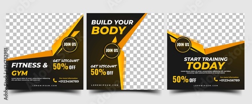 Gym and Fitness Social Media Post Template. Set of Editable banner design with place for the photo. Usable for Social media, Banners, and websites.