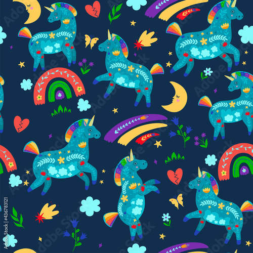 Seamless pattern with cute unicorns and rainbows in boho style. Vector graphics. © Екатерина Зирина