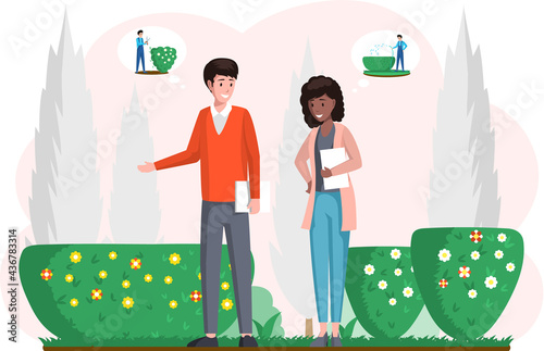 Gardeners landscape designers man and woman standing in garden with plan in hands cartoon characters. Creative professional floral architecture planning lawn flowerbed exterior, landscaping project