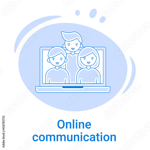Icon of Online communication and virtual communication.Use of messengers and video hosting services. Vector illustration of a thin line icon on a blue background.