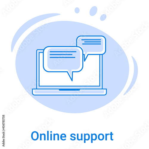 Icon of Online support and call center.Working with clients, interviewing people and users, forming a rating.Online marketing.Vector illustration of a thin line icon on a blue background.