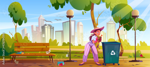 Woman clean up city park. Girl collect garbage in public garden and put to recycling container. Polluted urban area with wastes lying on bench, ground and under trees, Cartoon vector illustration