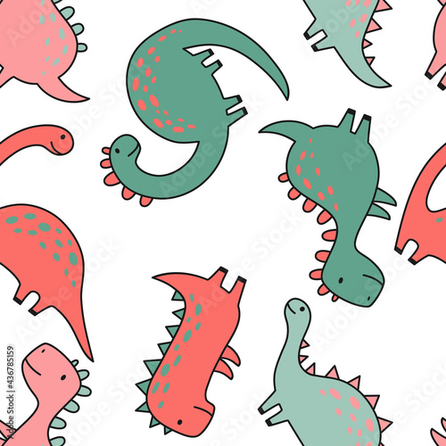 Seamless pattern with cute dinosaur in outline sketchy style. Funny cartoon dino. Hand drawn vector doodle for kids