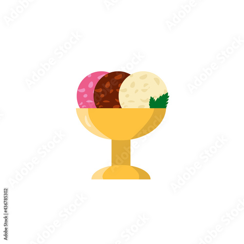 Flat vector illustration of a metal golden cup with chocolate, strawberry and vanilla balls of ice cream or gelato with mint leaves in bright colors. Isolated on white background.