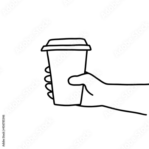 Hand drawn doodle sketch vector illustration of male or female hand in a side view holding coffee or tea disposable to go paper cup. Isolated on white background.