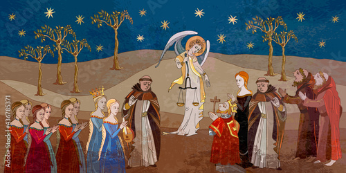 Medieval scene. Angel and people. King pray, miracle phenomenon. Coronavirus art. Ancient book illustration. Middle Ages parchment style. End of the epidemic, good sign