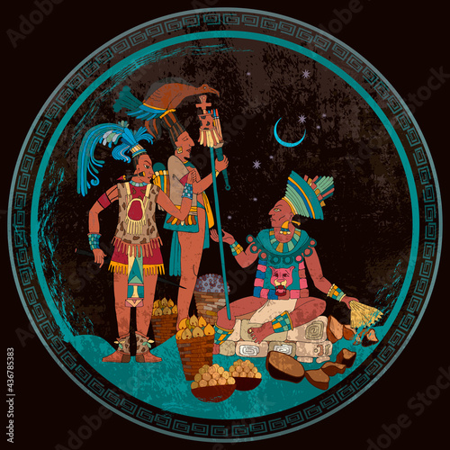 Ancient Mayan. Mural Painting. . Maya tribal art. Ancient mexican history. Old frescos style. Aztec and Inca people