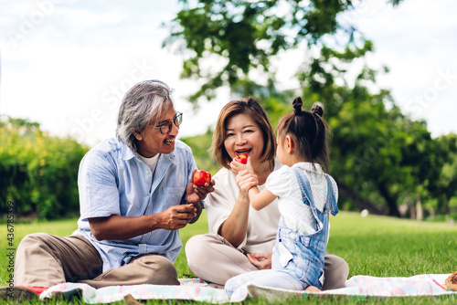 Portrait of happy asian grandfather with grandmother and asian little cute girl enjoy relax in summer park.Young girl with their laughing grandparents smiling together.Family and togetherness © Art_Photo