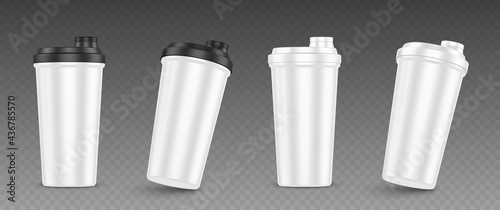 Protein shaker, cup for sports nutrition, gainer or whey shake drink front view. Plastic white bottle, mixer for gym fitness, bodybuilding isolated on transparent background Realistic 3d vector mockup