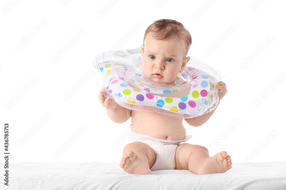 Cute baby with inflatable ring on white background Cute baby with inflatable ring on white background