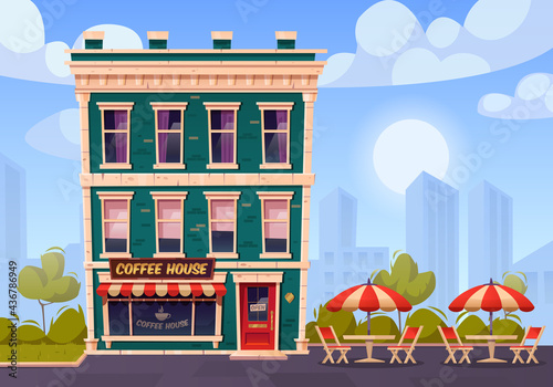 Coffee house with outdoor terrace, summer city cafe on building ground floor with glass showcase, wooden tables, chairs and umbrella. Street drinks and snacks cafeteria, Cartoon vector illustration