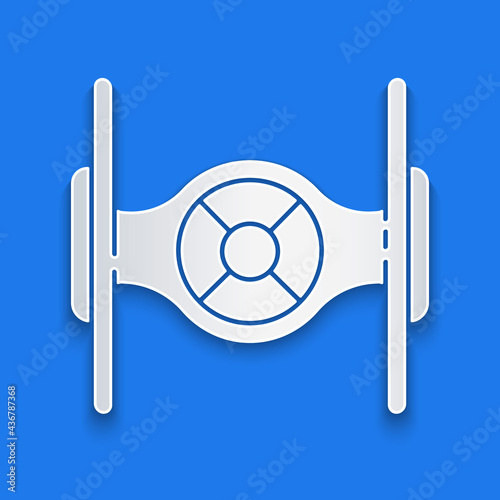 Paper cut Cosmic ship icon isolated on blue background. Paper art style. Vector