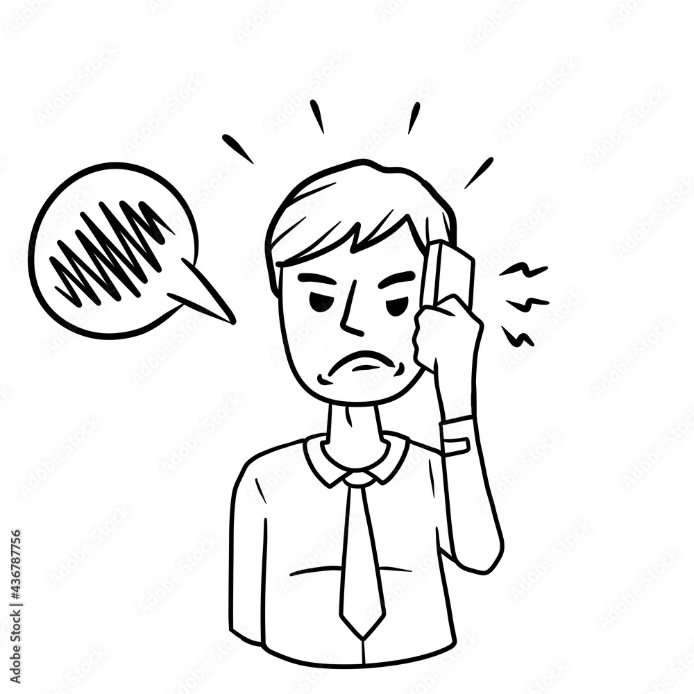 Man with mobile phone. Unpleasant conversation. Angry guy with modern device. Talking problems. Cartoon hand drawn black and white sketch illustration. Man with mobile phone. Unpleasant conversation. Angry guy with modern device. Talking problems. Cartoon hand drawn black and white sketch illustration.