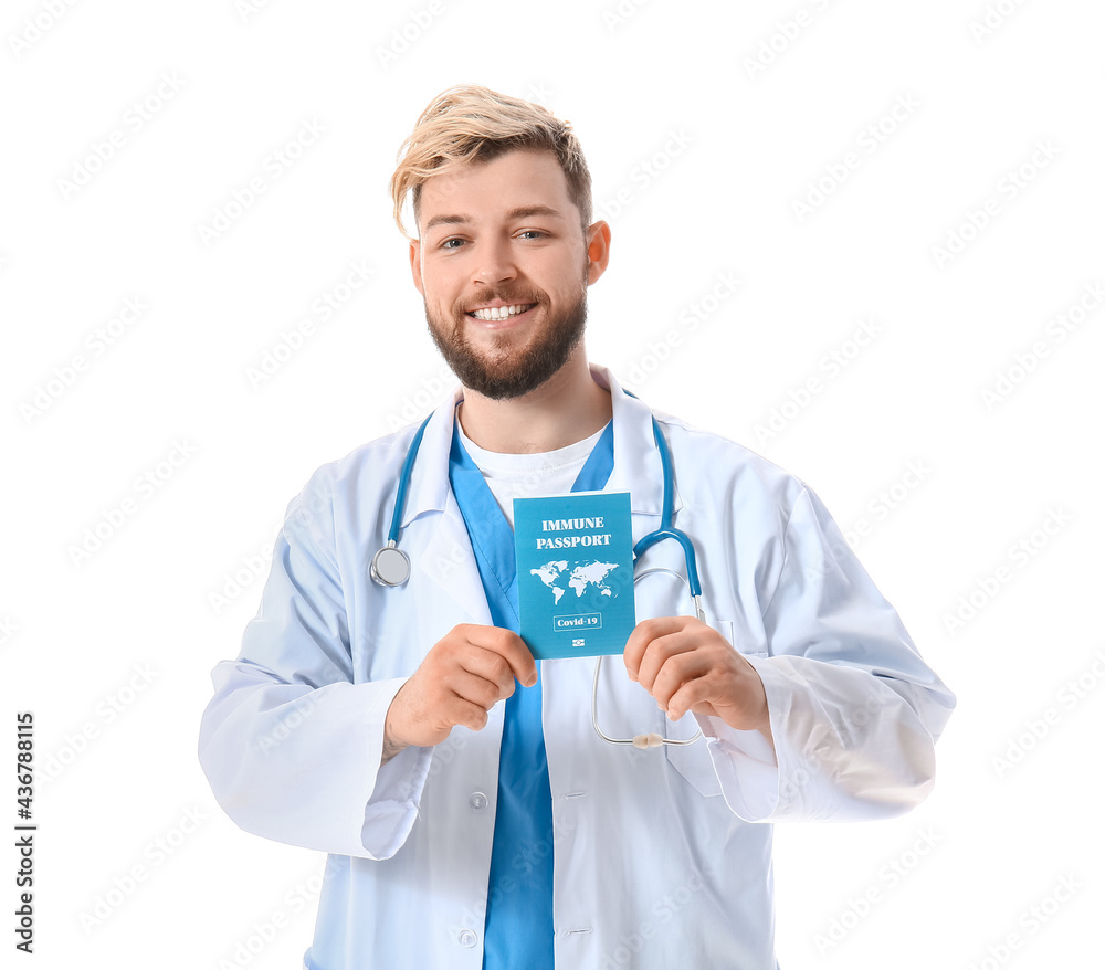 Doctor with immune passport on white background Doctor with immune passport on white background