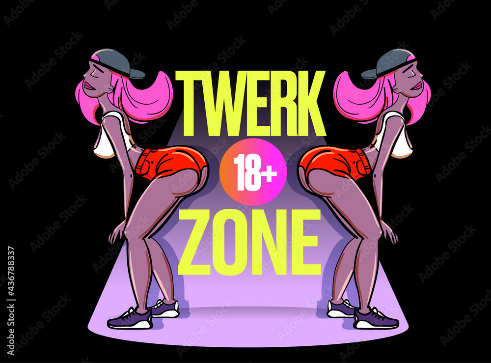 Obraz premium Twerk poster design. Cartoon style girl. Poster for booty dance course or battle. Vector illustration.
