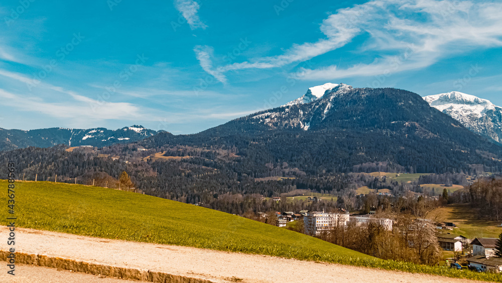Beautiful alpine spring view with the famous Kehlsteinhaus - eagle´s nest - and the alps in the background near Berchtesgaden, Bavaria, Germany