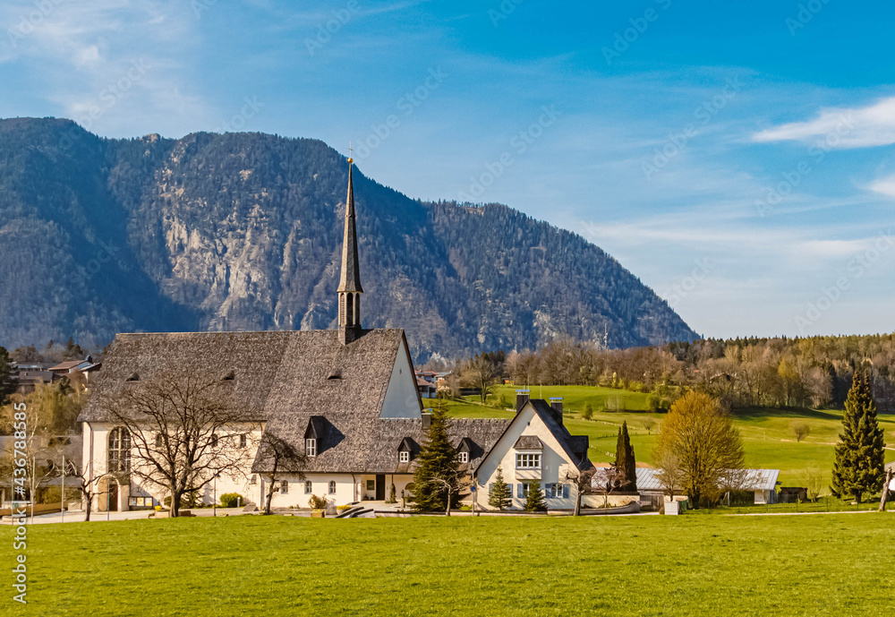 Beautiful alpine spring view with the famous church St. Nikolaus von der Fluee at Bayerisch Gmain, Bavaria, Germany