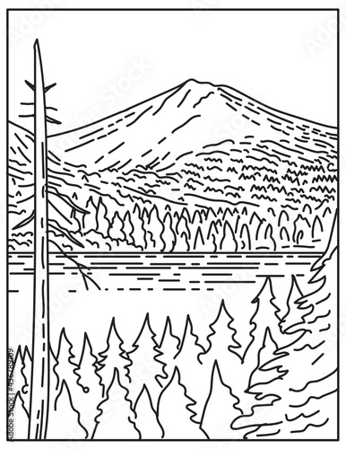 Mono line illustration of summit of Lassen Peak Volcano within Lassen Volcanic National Park in northern California, United States of America done in retro black and white monoline line art style. photo