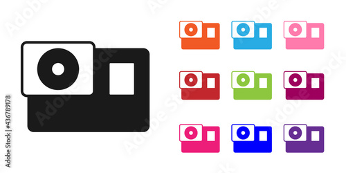 Black Action extreme camera icon isolated on white background. Video camera equipment for filming extreme sports. Set icons colorful. Vector