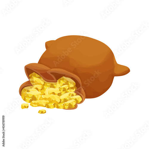 Old bag full of gold nugget in cartoon style isolated on white background. Award concept, fortune, ui game asset. Moneybag retro decoration.