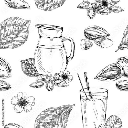Almond products seamless background, retro hand drawn vector illustration.