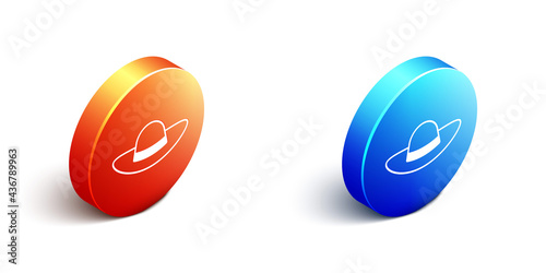 Isometric Elegant women hat icon isolated on white background. Orange and blue circle button. Vector
