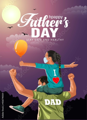 Father giving daughter ride on back in park. Portrait of happy father giving son piggyback ride on his shoulders and looking up. face mask wearing, covid-19, corona virus concept. vector illustration.