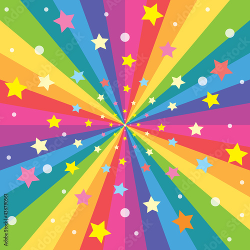 Abstract colorful background, rainbow explosion with colorful stars, cartoon style, vector illustration, flat design.