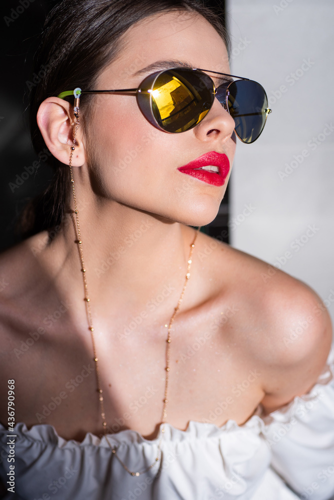 Stylish fashion woman in sunglasses, trendy fashionable accessories. Stylish fashion woman in sunglasses, trendy fashionable accessories.