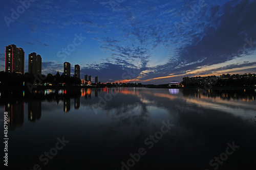 Evening scenery of waterfront city, North China