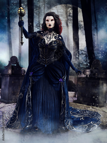 Foto Gothic sorceress with a torch standing next to an altar with ritual tools in the woods at night