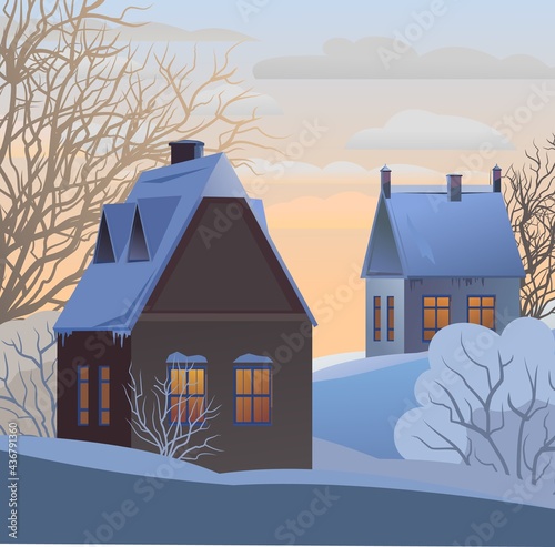 Rural small house in winter. Landscape. Christmas evening. Neighbour. Quiet winter evening. The gable roof is covered with snow. Nice suburban village. Flat cartoon style. Vector art