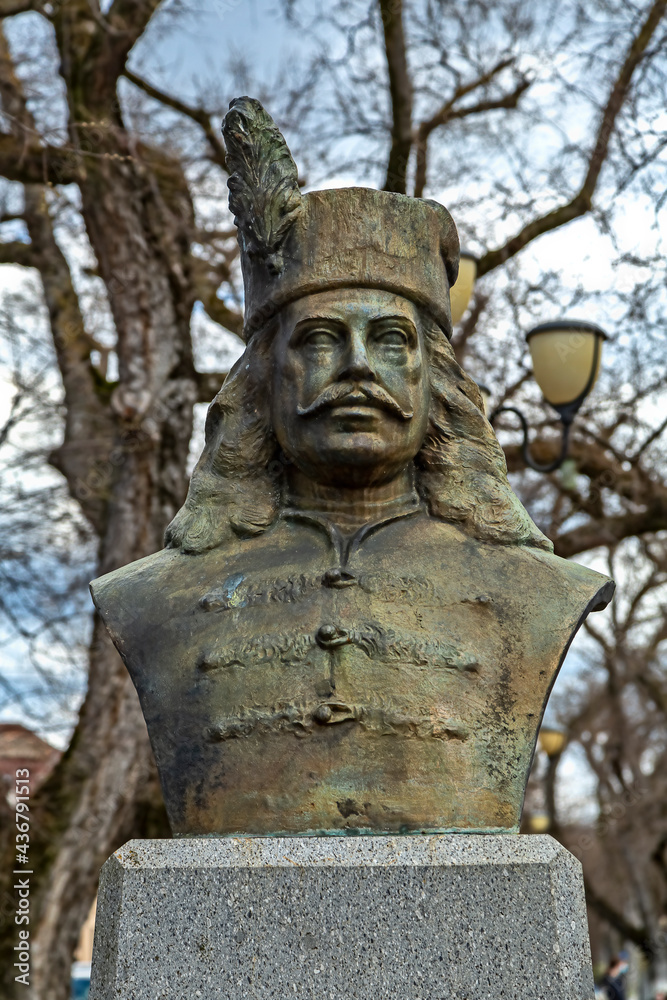 Statue of Rakoczi Ferenc  on  April 23, 2021 in Targu-Mures. Rakoczi Ferenc was the prince of Transylvania in the 18th century