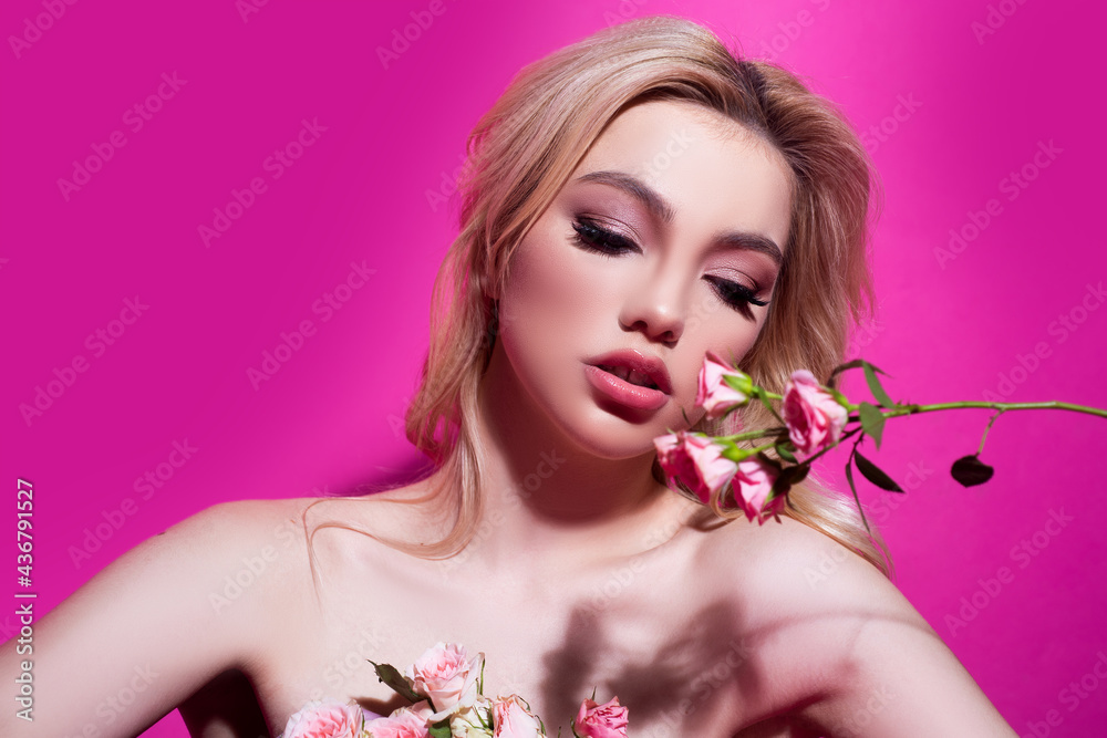 Fototapeta premium Beauty woman face portrait in studio. Beautiful girl with clean skin, natural make-up.