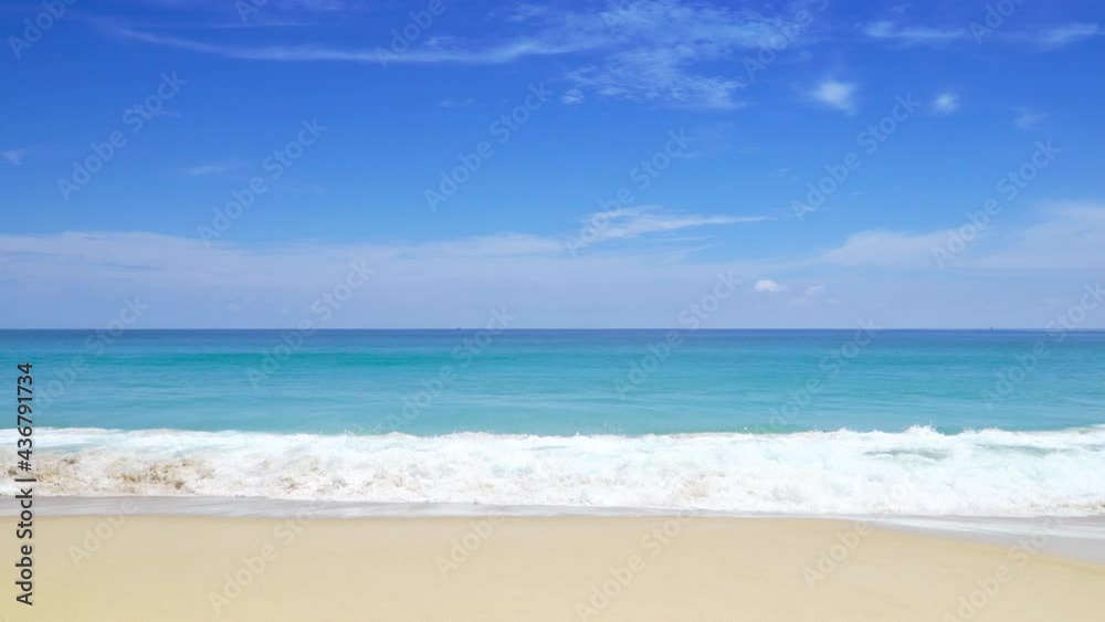 Phuket beach sea sand and sky. Beautiful Landscape view of beach sea in summer day. Beach sand space area. At Karon Beach, Phuket, Thailand. On 15 June 2021. 4K UHD. Phuket beach sea sand and sky. Beautiful Landscape view of beach sea in summer day. Beach sand space area. At Karon Beach, Phuket, Thailand. On 15 June 2021. 4K UHD.