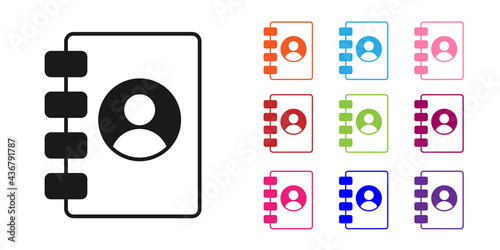 Black Address book icon isolated on white background. Notebook, address, contact, directory, phone, telephone book icon. Set icons colorful. Vector