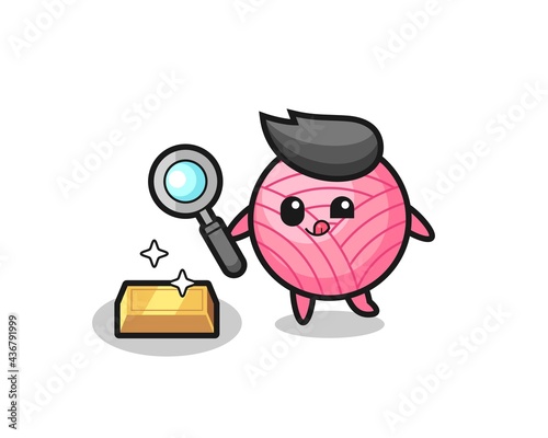 yarn ball character is checking the authenticity of the gold bullion