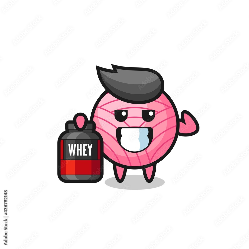 the muscular yarn ball character is holding a protein supplement