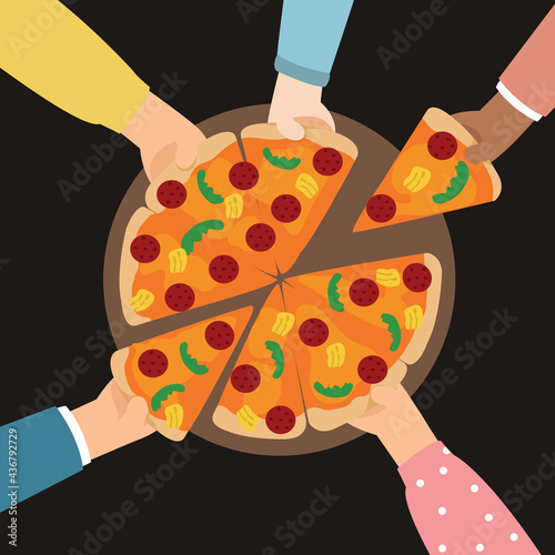 Happy with pepperoni pizza slices, hand holding pizza