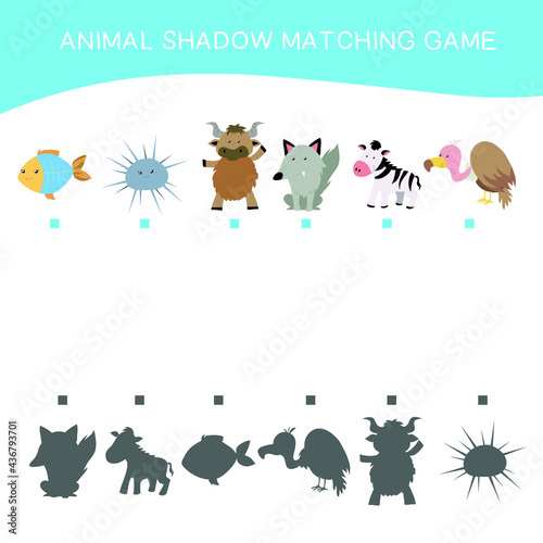 Matching game for Preschool Children. This worksheet is suitable for educating the early age children to match the image with the shadow. Educational printable worksheet. Vector illustration.