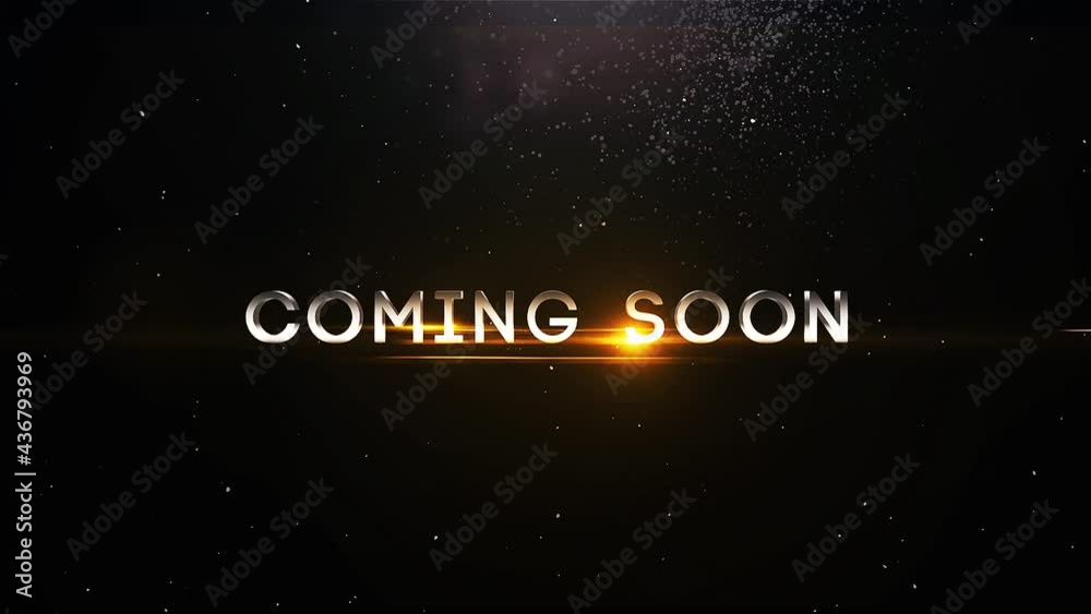 Coming Soon intro title 3d animation . futuristic cinematic title of Silver Coming Soon text with lens flare gold effect , particles and spark . simple , elegant and modern