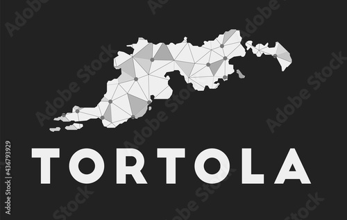 Tortola - communication network map of the island. Tortola trendy geometric design on a dark background. Technology, internet, network, telecommunication concept. Vector illustration.