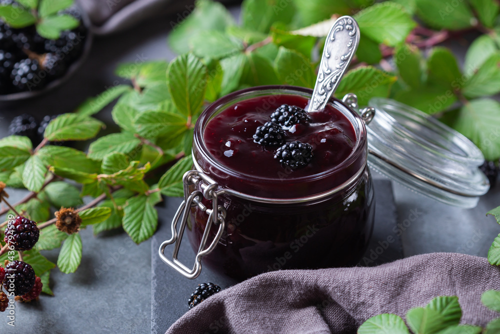 Homemade blackberry jam or confiture, cooking, preserving at home Homemade blackberry jam or confiture, cooking, preserving at home